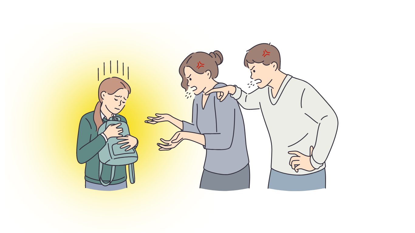 Gambar menunjukkan tiga orang, yaitu anak perempuan, ibu, dan ayah. Ibu dan ayah sedang memarahi anaknya yang menunjukkan wajah khawatir.