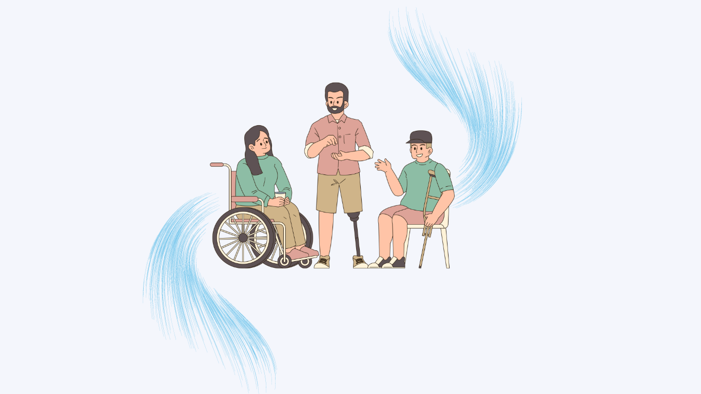 Gambar menunjukkan 2 disabilitas fisik dan orang non disabilitas