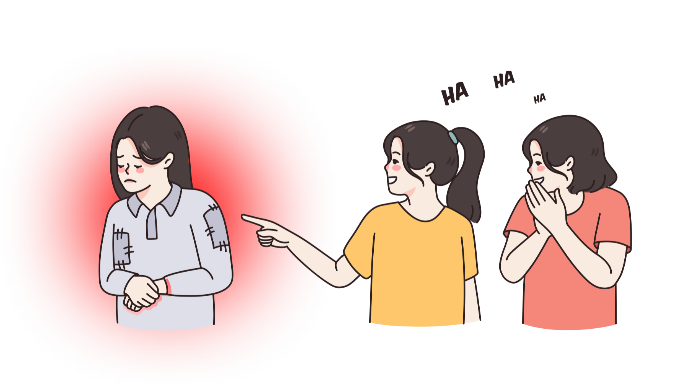 Gambar menunjukkan dua orang perempuan sedang mengejek perempuan lain