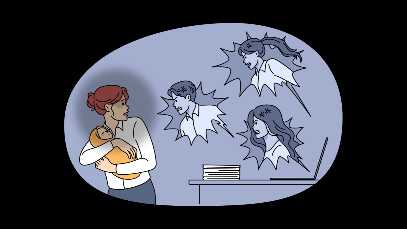 Ilustrasi perempuan menggendong anak yang mendapatkan teror dari orang-orang yang muncul dari laptop. Ilustrasi ini menunjukkan bagaimana kekerasan berbasis gender melalui media elektronik terjadi