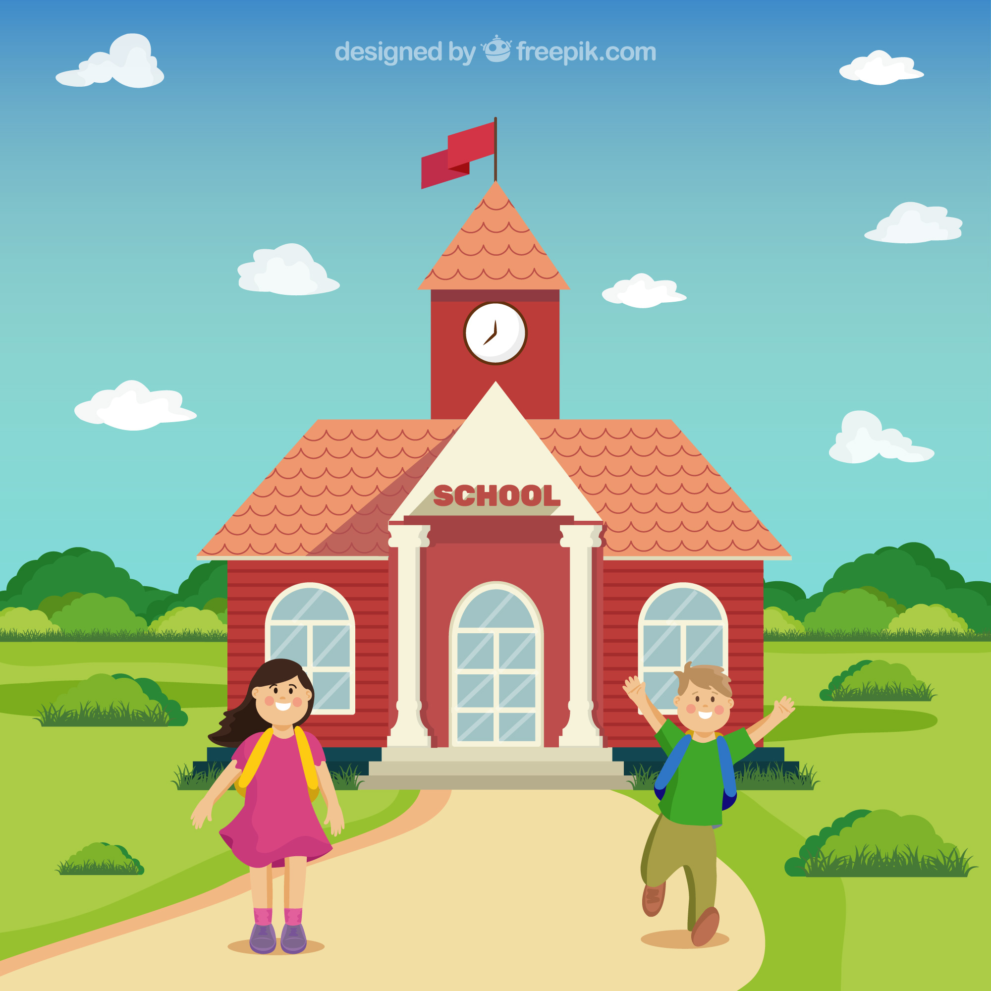 Ilustrasi menunjukkan sekolah dan anak perempuan dan laki laki