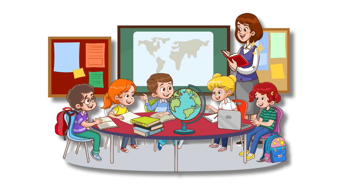 Ilustrasi menunjukkan kondisi kelas. Anak anak sedang belajar dengan berbagai perlengkapan mengajar seperti buku dan globe. Terdapat guru perempuan yang menerangkan sesuatu ke mereka dengan buku dan papan tulis.