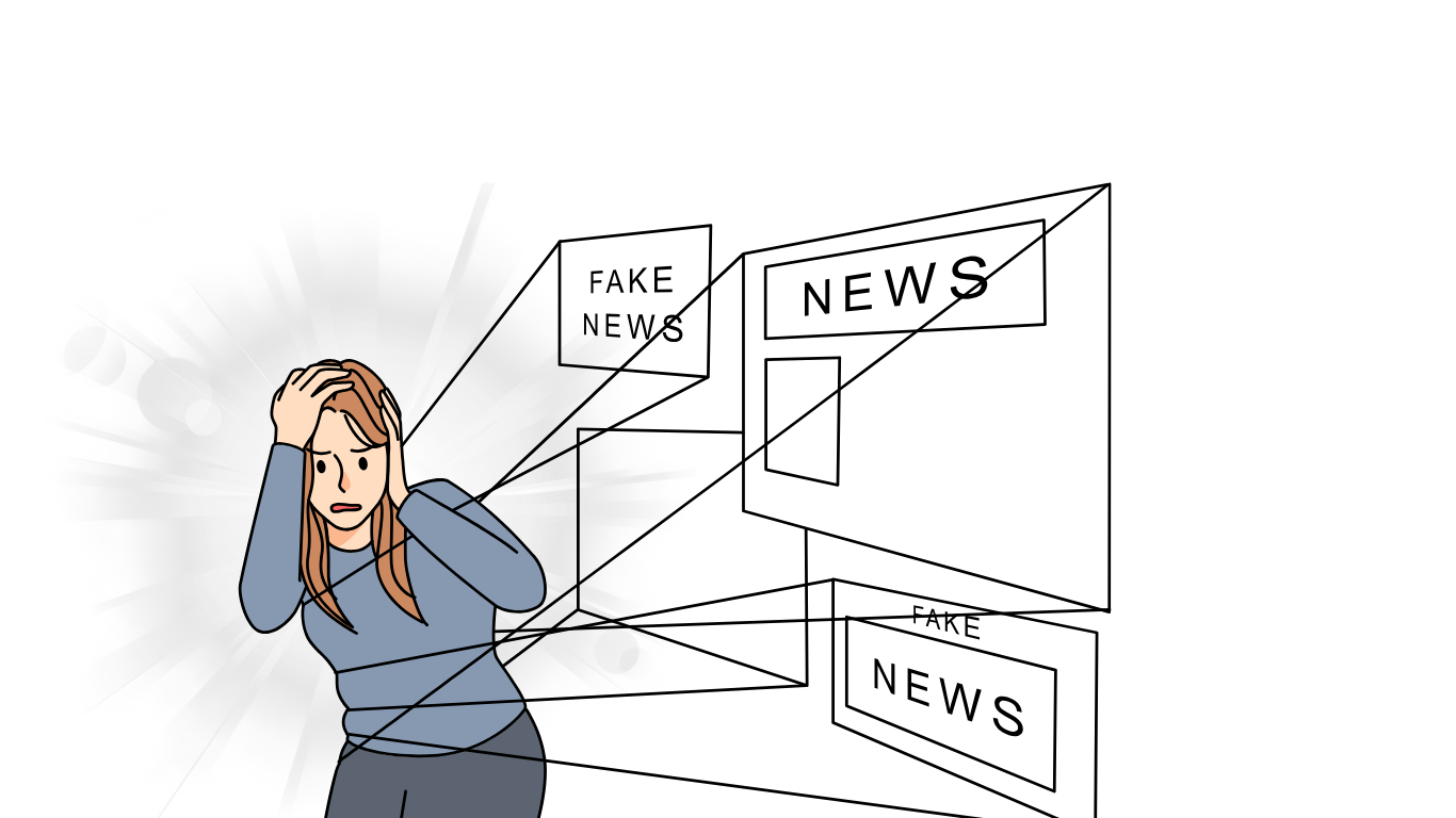 Ilustrasi menunjukkan seorang perempuan yang terus terseret oleh berita bohong. perempuan tersebut merasa sangat frustasi dan ketakutan